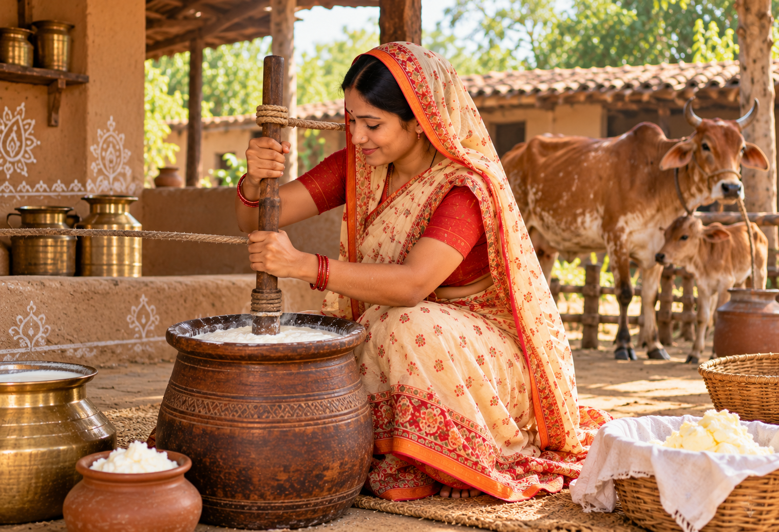 traditional bilona churning in a village courtyard