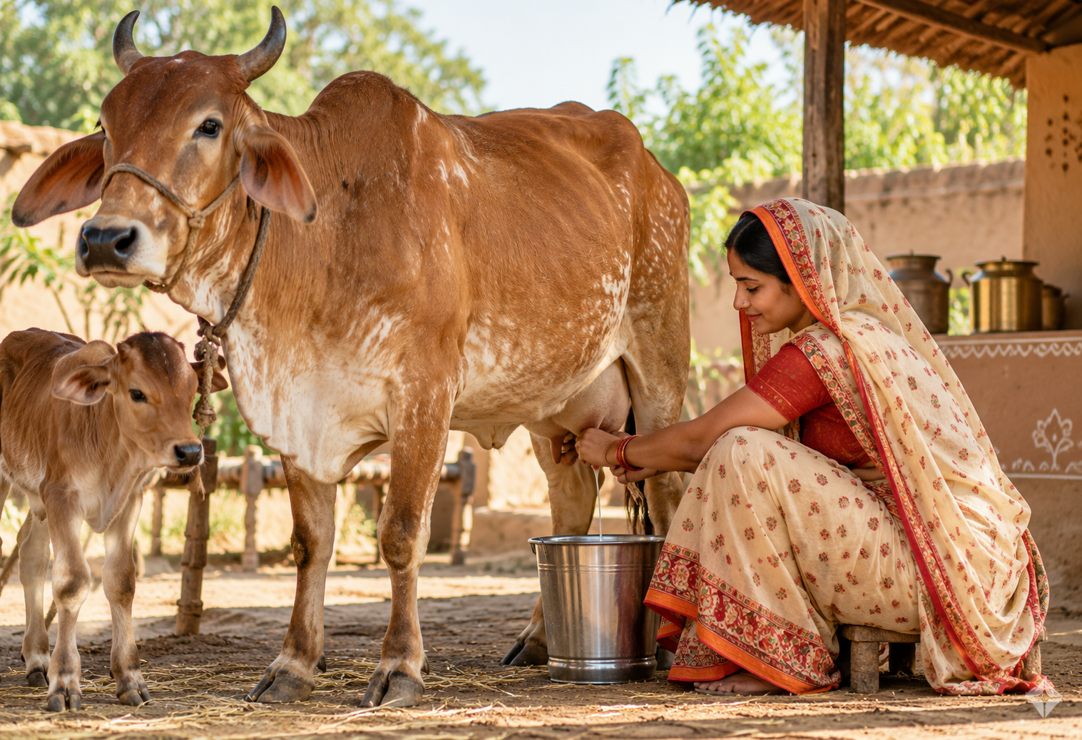 traditional indian cow milking scene
