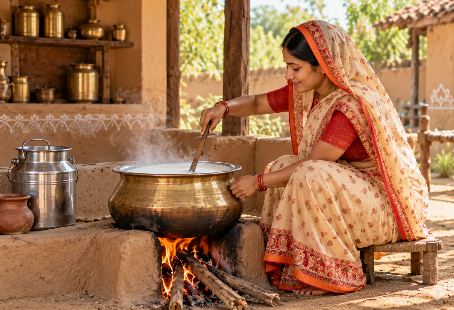 ग्रामीण चूल्हे पर दूध गरम करती महिला